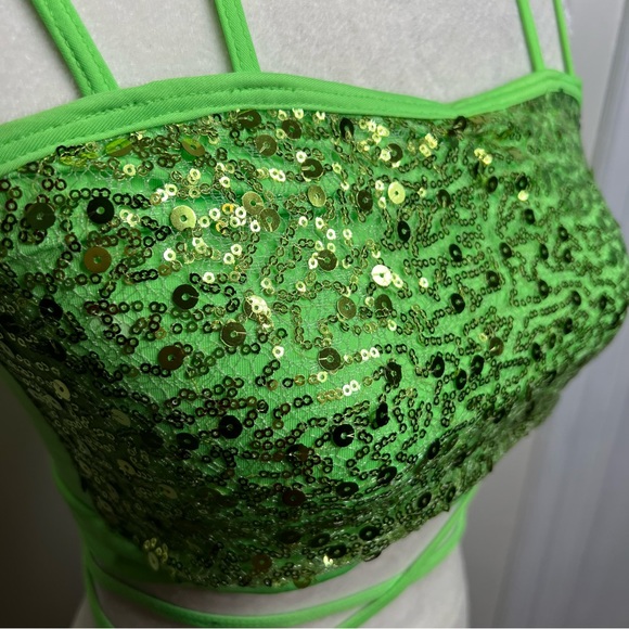 Ferreira Dance Sequin Crop Top w/ Tie Strap Detail Size Small Adult Green - Picture 3 of 10